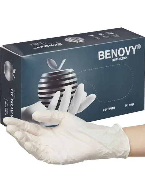 Перчатки нитрил, н/c, н/о, текстур, Benovy (L) 50п/уп, белый