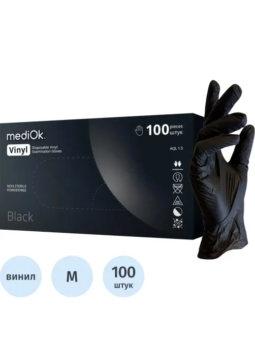 Перчатки виниловые одноразовые, н/о, черн. MediOk (M), 50п/уп 4гр.,ПС