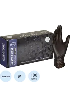 Перчатки однораз. виниловые, н/о, черн. AVIORA (M)  50п/уп 5,5гр 402-735 ПС