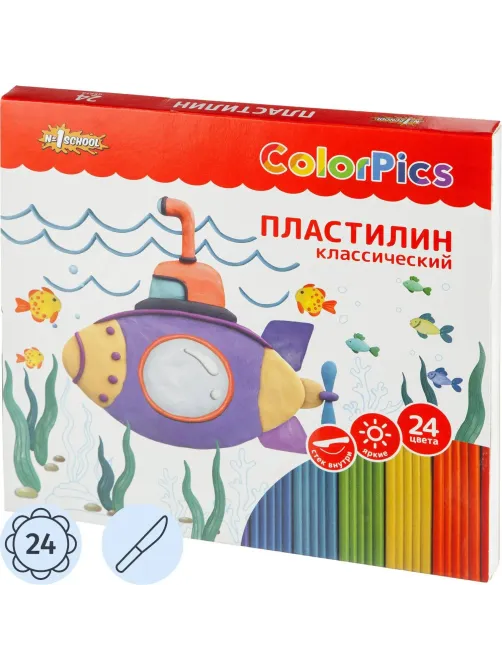Пластилин клас.Комус Класс(№1 School)ColorPics 24 цв 480г,со стеком,картон