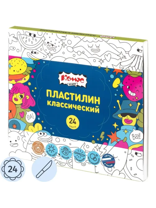Пластилин классический Комус Класс Максики 24 цв/наб, 480г, 4 стека
