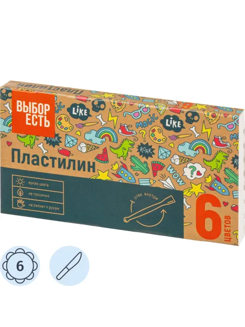 Пластилин классический Выбор Есть 6 цв.90 гр, набор со стеком