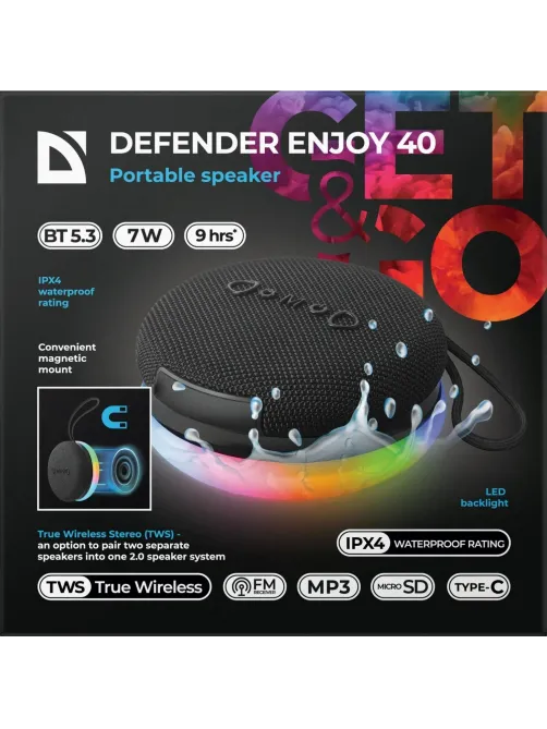 Портативная акустика Defender Enjoy 40, 7Вт, Magnet/BT/IPX4/FM/TF/TWS
