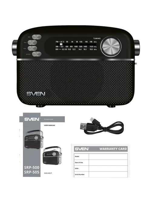 Радиоприемник Sven SRP-505, 3Вт, Bluetooth, FM/AM/SW/USB/microSD/AUX, аккум