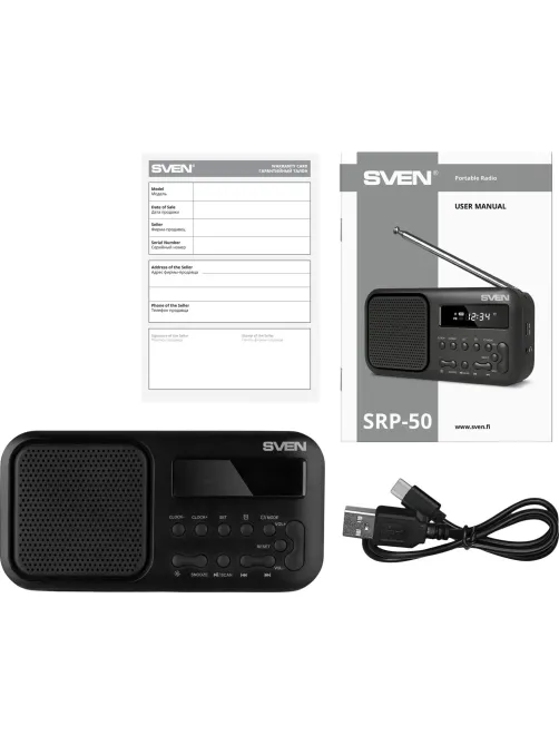 Радиоприемник Sven SRP-50, 3Вт, BT/FM/USB-C, будильник, встр аккум