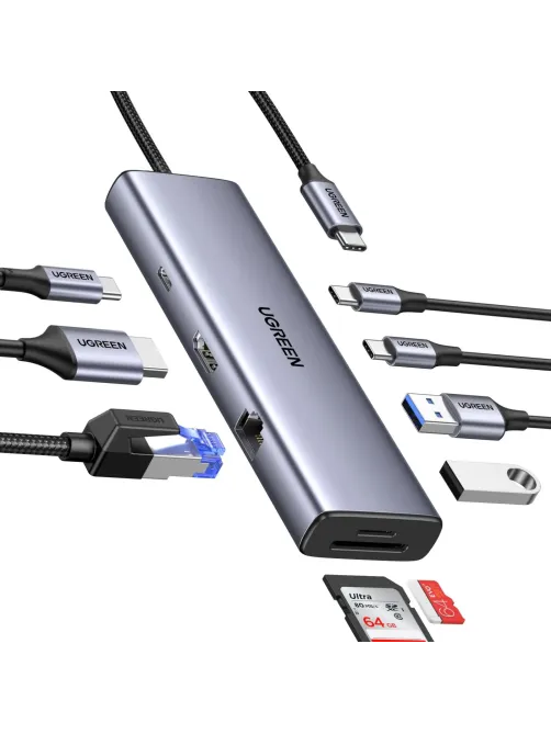 Разветвитель USB UGREEN CM498 (15375) USB3.0/USB-C/HDMI/RJ45/SD,серый