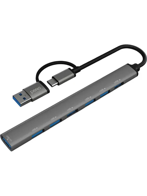 Разветвитель USB PERO MH04, USB-С/USB-A TO USB 3.0 + 6xUSB 2.0, серый