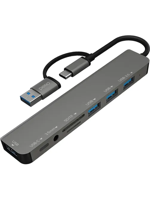 Разветвитель USB PERO MH07 USB-С/A TO SD+TF+3.5MM+USB-C+USB 3.0+3USB2.0,сер