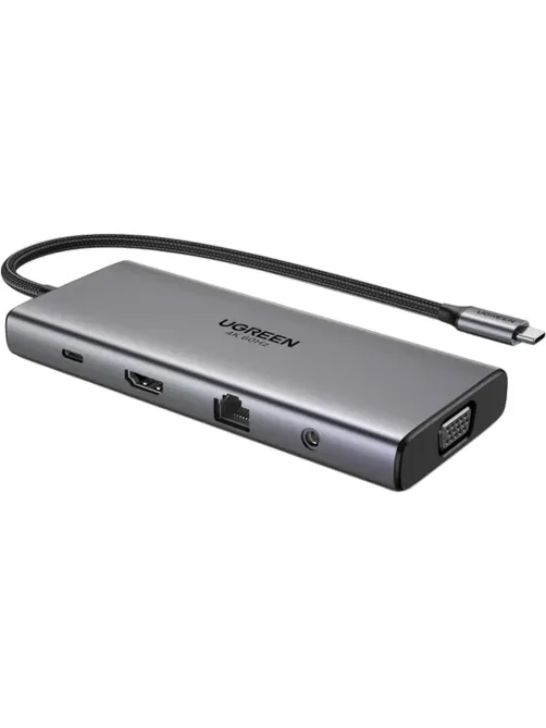 Разветвитель USB UGREEN CM639(45520)11в1 HDMI+VGA+RJ45+SD/TF+AUX+PD сер