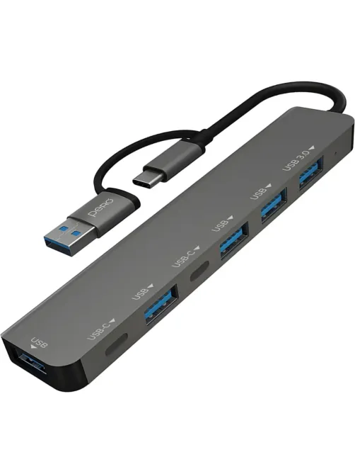 Разветвитель USB PERO MH06, USB-С/A TO 2xUSB-C+USB 3.0+4xUSB 2.0 серый