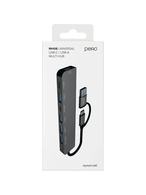Разветвитель USB PERO MH06, USB-С/A TO 2xUSB-C+USB 3.0+4xUSB 2.0 серый