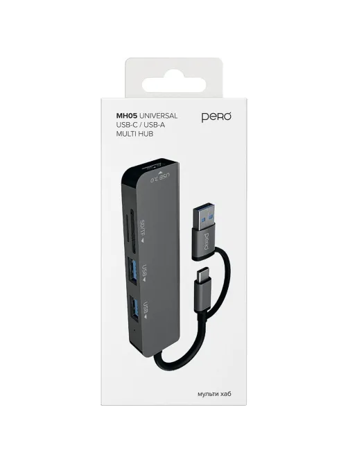 Разветвитель USB PERO MH05 USB-С/A TO SD+TF+USB 3.0+2xUSB 2.0 серый