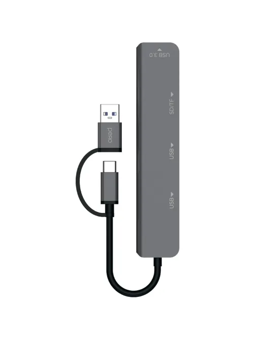 Разветвитель USB PERO MH05 USB-С/A TO SD+TF+USB 3.0+2xUSB 2.0 серый