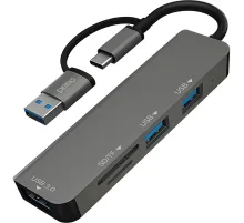 Разветвитель USB PERO MH05 USB-С/A TO SD+TF+USB 3.0+2xUSB 2.0 серый
