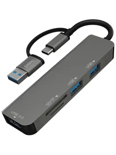 Разветвитель USB PERO MH05 USB-С/A TO SD+TF+USB 3.0+2xUSB 2.0 серый