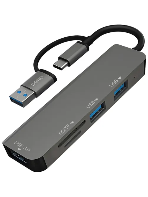 Разветвитель USB PERO MH05 USB-С/A TO SD+TF+USB 3.0+2xUSB 2.0 серый