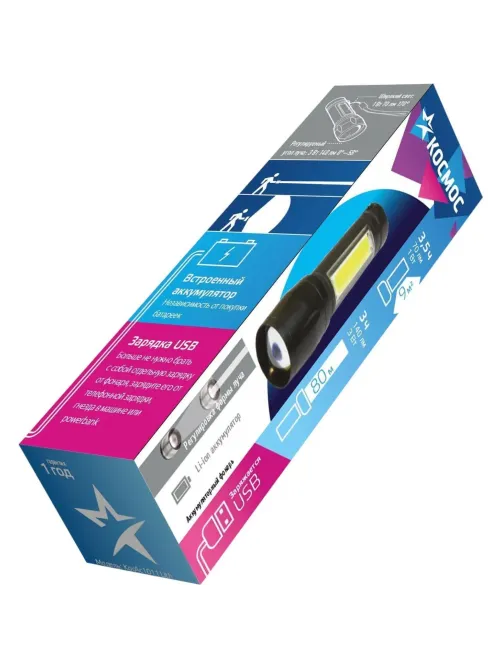 Фонарь КОСМОС KocAc1011Lith 3вт ХРЕ, 1Вт СОВ, лит. аккум. 600mAh, Micro USB