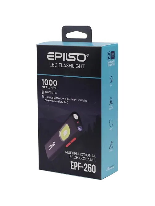 Фонарь EPILSO EPF-260 (карманный, Luminus SST20 10W + COB + Laser, аккум)