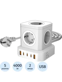 Сетевой фильтр AGNI 5р/2м,белый, 2USB +3Type-C 65(TP-VE5U5E-C-2m-white)