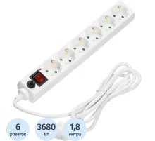 Сетевой фильтр BigTech CD6-1,8W15 (6р/1,8м/16А/3680 Вт 1,5мм белый)