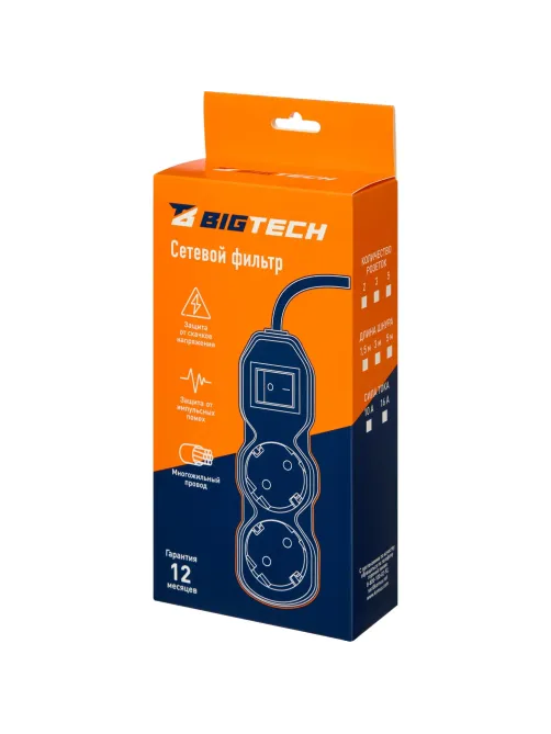 Сетевой фильтр BigTech ST210-1,5-W(2р/1,5м/10А/2,2кВт/3х0,75 мм2/белый)