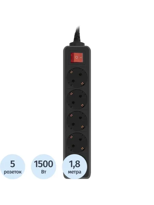 Сетевой фильтр PC Pet AP01006-E-B 1.8м (5 розеток) черный (пакет)