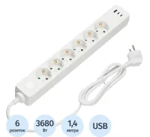 Сетевой фильтр BigTech CD6-1,4WU (6р/1,4м/USB-C/USB-A/16А/3680Вт белый)