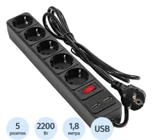 Сетевой фильтр ExeGate SP-5-USB-1.8B 5р/1,8м, 2 USB,черный(EX295490RUS)