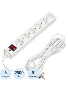 Сетевой фильтр BigTech CD6-5W1 (6р/5м/10А/2500Вт 1мм 2500Вт белый)