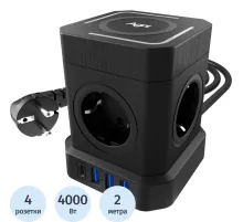Сетевой фильтр AGNI  4р/2м,черный, 3USB + 1Type-C (TP-VE4U5E-C-W-2m-black)