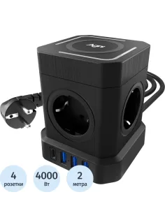 Сетевой фильтр AGNI  4р/2м,черный, 3USB + 1Type-C (TP-VE4U5E-C-W-2m-black)