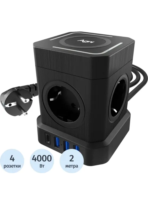 Сетевой фильтр AGNI  4р/2м,черный, 3USB + 1Type-C (TP-VE4U5E-C-W-2m-black)