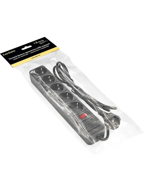 Сетевой фильтр ExeGate SP-5-USB-1.8B 5р/1,8м, 2 USB,черный(EX295490RUS)