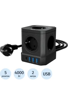 Сетевой фильтр AGNI  5р/2м,3USB 1TYPE-C,черный(TP-VE4U5E-C-2m-black)