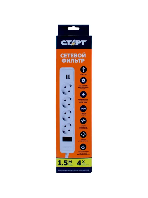 Сетевой фильтр СТАРТ С/УД-Ф SP 4x1 2USB ZVT 4р/1,5м 10А/2200Вт белый