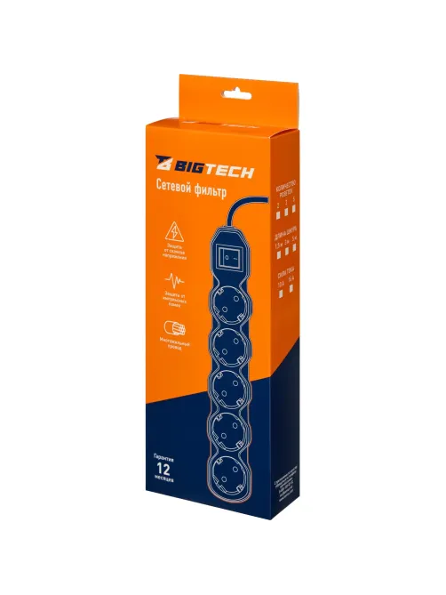Сетевой фильтр BigTech ST516-1,5-W(5р/1,5м/16А/3,5кВт/3х1 мм2/белый)