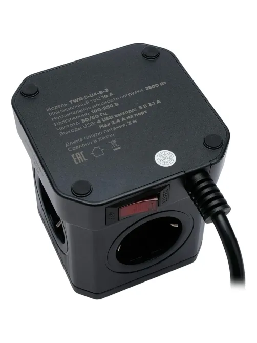 Сетевой фильтр Cablexpert Tower 5р/3м, 10А, 4хUSB, черный(TWR-5-U4-B-3)