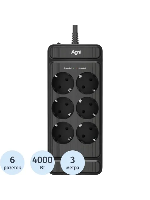 Сетевой фильтр AGNI 6р/3м,черный(TP-FS6E-3m-black)