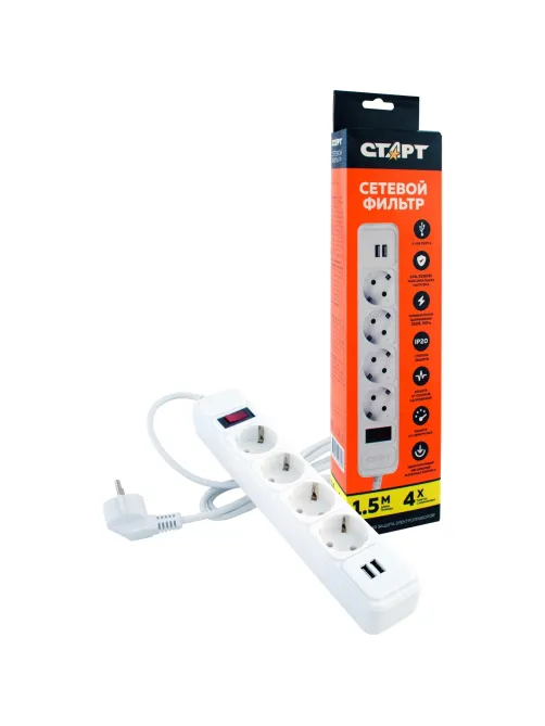 Сетевой фильтр СТАРТ С/УД-Ф SP 4x1 2USB ZVT 4р/1,5м 10А/2200Вт белый