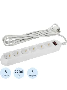 Сетевой фильтр ЭРА 5м 6 розеток, белый (USF-6es-5m-W-BOX)