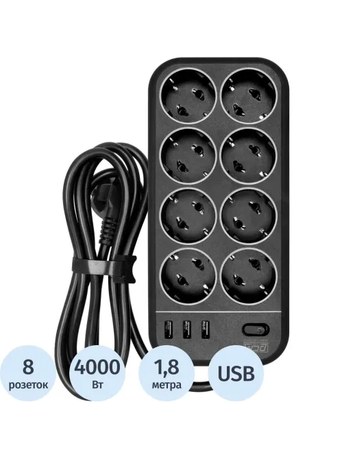 Сетевой фильтр Powercom SP-08 USB03AB 1,8 m (8 розеток) черный