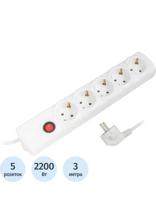 Сетевой фильтр BigTech BT510-3-W(5р/3м/10А/2,2кВт/3х0,75 мм2/белый)