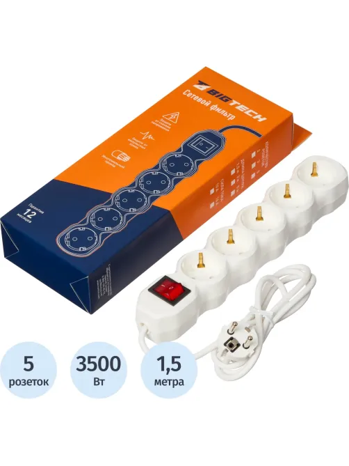 Сетевой фильтр BigTech ST516-1,5-W(5р/1,5м/16А/3,5кВт/3х1 мм2/белый)