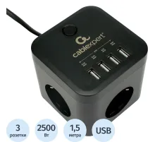 Сетевой фильтр Cablexpert Cube 3р/1,5м, 10А, 4хUSB, черный(CUBE-3-U4-B-1.5)