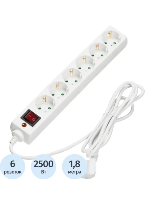 Сетевой фильтр BigTech CD6-1,8W1 (6р/1,8м/10А/2500Вт 1мм 2500Вт)
