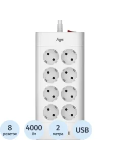 Сетевой фильтр AGNI 8р/2м,3USB,1TYPE-C 20W,белый(TP-FA4U8E-C-2m-white)