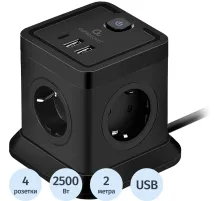 Сетевой фильтр Cablexpert Tower 4р/2м, 10А, 2хUSB, черный(TWR-4-CU2-B-2)