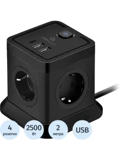 Сетевой фильтр Cablexpert Tower 4р/2м, 10А, 2хUSB, черный(TWR-4-CU2-B-2)
