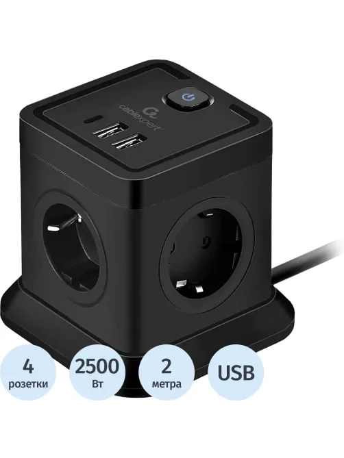 Сетевой фильтр Cablexpert Tower 4р/2м, 10А, 2хUSB, черный(TWR-4-CU2-B-2)