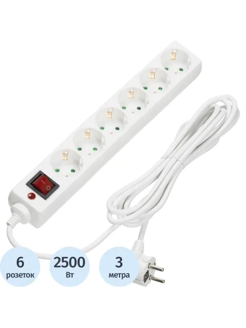 Сетевой фильтр BigTech CD6-3W1 (6р/3м/10А/2500Вт 1мм 2500Вт)